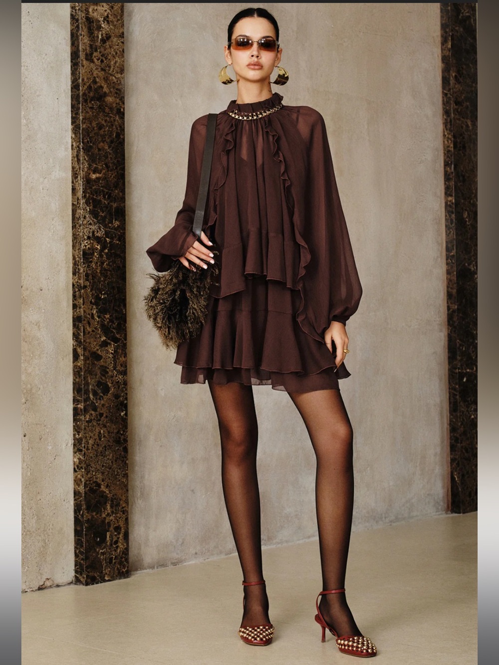 Commense Tiered Ruffle Chiffon Mini Dress with Liner size L - Picture 3 of 5
